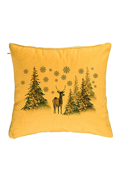 BEKZ Față de pernă de Crăciun, peisaj cu copaci și căprioare, 40x40 cm, galbenă