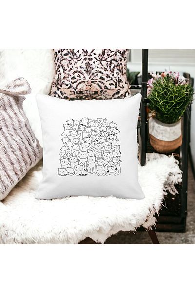 BEKZ Cat Life Square Decorative Pillow, 40x40 cm, White, Matte, Removable Cover, Bellows