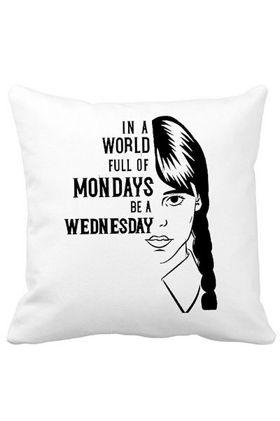 BEKZ Wednesday Addams and Text Decorative Pillow, 40x40 cm, White, Matte, Removable Cover, Bellows