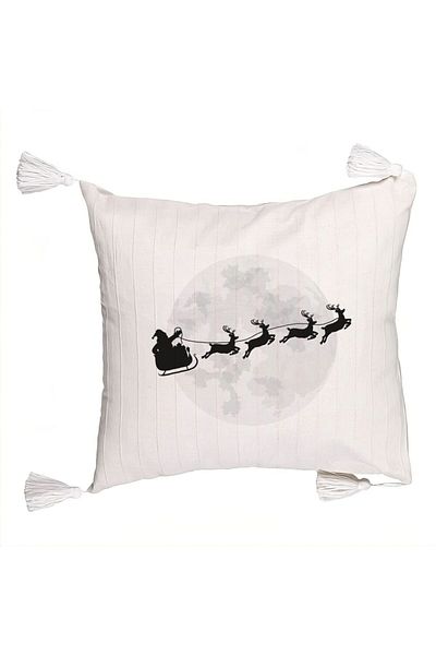 BEKZ Christmas Fringed Pillowcase Reindeer in Sleigh, 45x45 cm, Ecru, With zipper