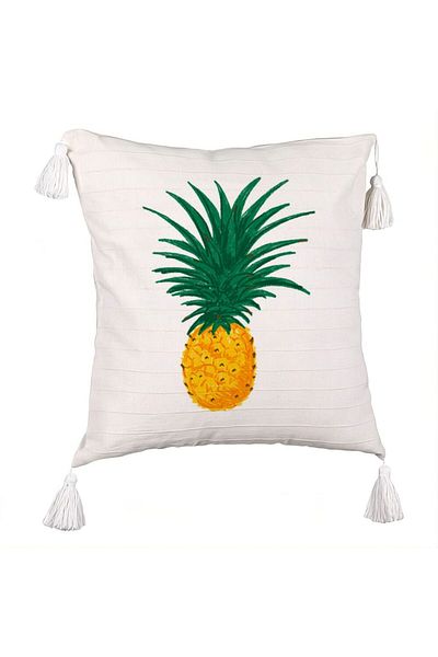 BEKZ Decorative Pillow with Fringes, Pineapple Pattern, 45x45 cm, Ecru, With Zipper