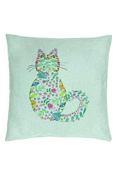 BEKZ Pernă decorativă, model pisică cu flori, multicoloră, 40x40 cm, verde me...