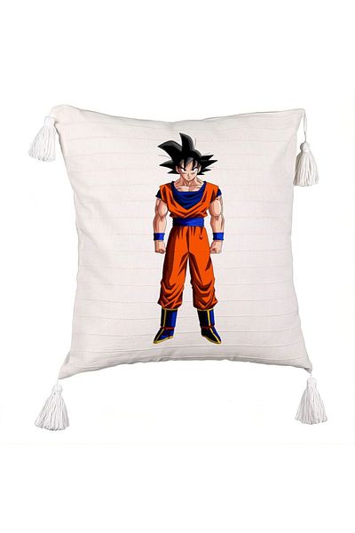BEKZ Decorative Pillow with Fringe with Dragonball Goku, 45x45 cm, Ecru, With Zipper