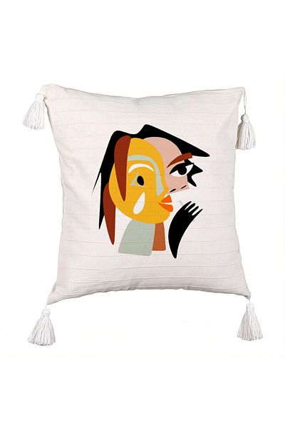 BEKZ Decorative Pillow with Fringes, Picasso style 2 Model, 45x45 cm, Ecru, With zipper