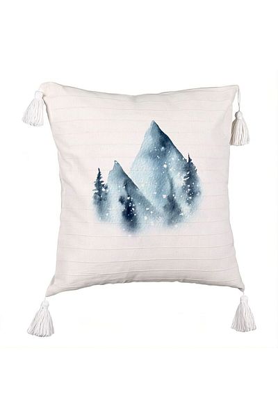 BEKZ Decorative Pillow with Fringes Winter Landscape, 45x45 cm, Ecru, With zipper