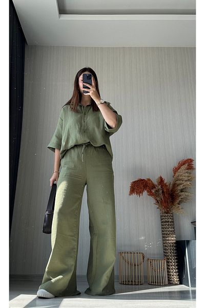 ButikNo35 Khaki Muslin Fabric Trousers Shirt Set
