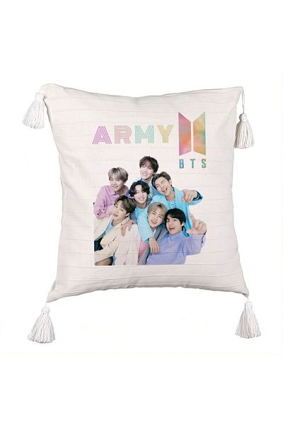 BEKZ BTS Army Signatures 2 Decorative Fringed Pillow, 45x45 cm, Ecru, With zipper