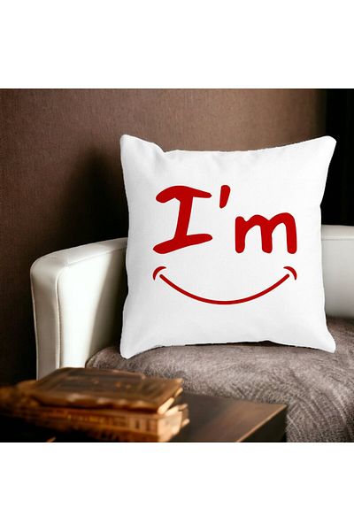 BEKZ I'm Happy Square Decorative Pillow, 40x40 cm, White, Matte, Removable Cover, Bellows