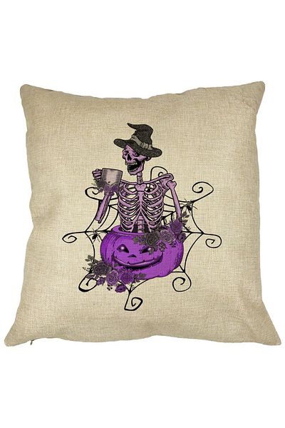 BEKZ Perna Decorativa cu motiv Sechelet de Halloween 4, 40x40 cm, Husa Detasabila, Burduf