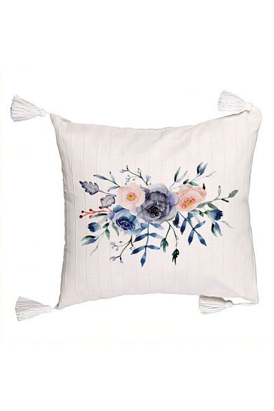 BEKZ Decorative Pillow with Fringes, Floral Ecru Pattern, 45x45 cm, Ecru, With Zipper