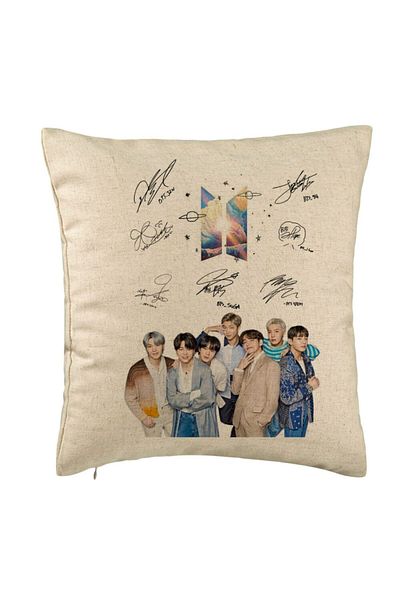 BEKZ Perna Decorativa BTS Army cu Geci cu Semnaturi, 40x40 cm, Bej, Husa Detasabila, Burduf