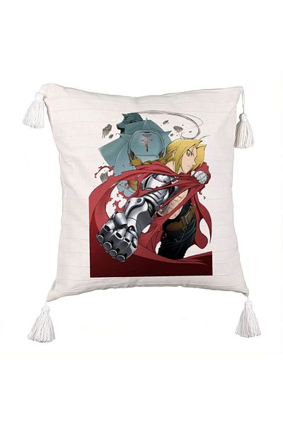 BEKZ Fringed Pillowcase with Full Metal Alchemist Edward Elric, 45x45 cm, Ecru, With zipper