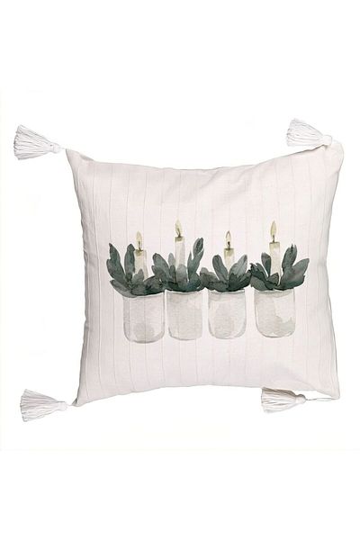BEKZ Christmas themed decorative pillow with fringes, Candles 2, 45x45 cm, Ecru, With zipper