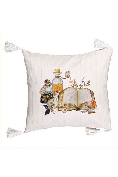 BEKZ Decorative Pillow with Fringes with Halloween Motif 11, 45x45 cm, Ecru, With Zipper