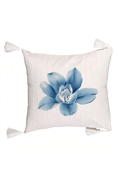 BEKZ Decorative Pillow with Fringes, Floral Blue Flower Pattern, 45x45 cm, Ecru, With Zipper