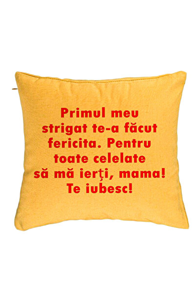 BEKZ Perna Decorativa, Model Mama Te Iubesc 2, 40x40 cm, Galben, Husa Detasab...