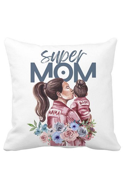BEKZ Super Mom Babe Square Pillowcase, 40x40 Cm, White, Matte, Removable Cover