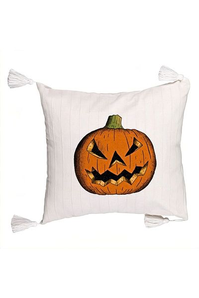 BEKZ Fringed Pillowcase with Halloween Pumpkin Motif 2, 45x45 cm, Ecru, With zipper