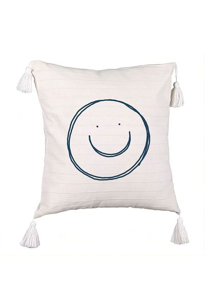 BEKZ Fringed Pillowcase, Smiley Face Pattern, 45x45 cm, Ecru, With Zipper
