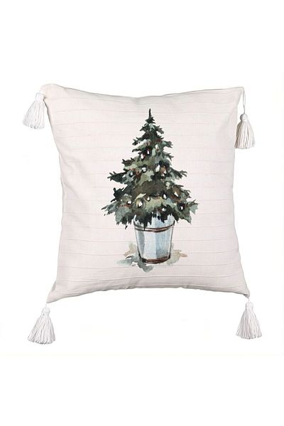 BEKZ Christmas themed Fringed Pillowcase, Fir Tree 1, 45x45 cm, Ecru, With zipper