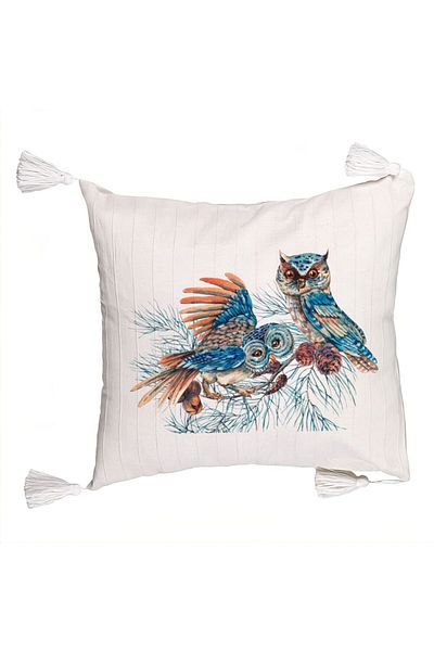 BEKZ Colorfull Owl Christmas Fringed Pillowcase, 45x45 cm, Ecru, With zipper