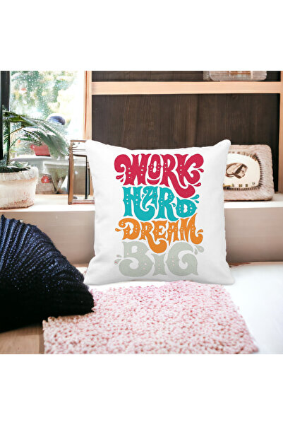 BEKZ Față de pernă pătrată Work Hard Dream Big, 40x40 cm, albă, mată
