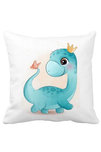 BEKZ Blue Baby Dinosaur Square Decorative Pillow, 40x40 cm, White, Matte, Removable Cover, Bellows