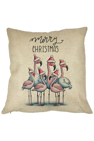 BEKZ Perna Decorativa cu tematica de Craciun, Flamingo si Text, 40x40 cm, Husa Detasabila, Burduf