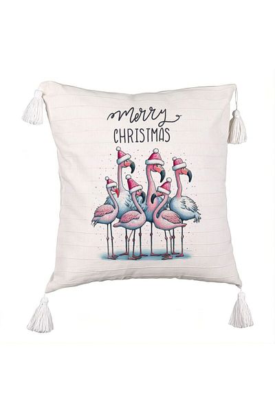 BEKZ Christmas themed Fringed Pillowcase, Flamingo and Text, 45x45 cm, Ecru, With zipper