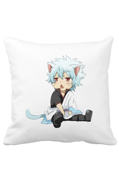 BEKZ Decorative Pillow with Gintama Gin Cat, 40x40 cm, White, Matte, Removable Cover, Bellows