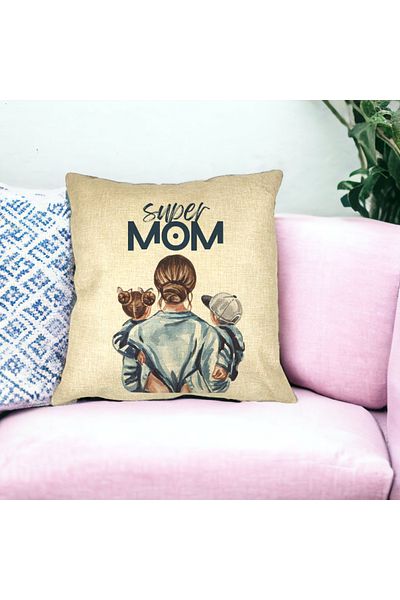 BEKZ Perna Decorativa Patrata Super Mom, 40x40 cm, Husa Detasabila, Burduf