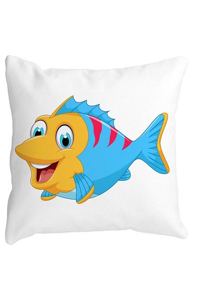 BEKZ Perna Decorativa Patrata copii Peste Albastru, 40x40 cm, Alba, Mata, Husa Detasabila, Burduf