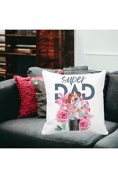 BEKZ Super DAD Girls Square Decorative Pillow, 40x40 cm, White, Matte, Removable Cover, Bellows