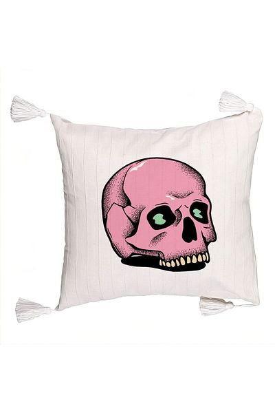 BEKZ Fringed Pillowcase with Halloween Skull Motif, 2, 45x45 cm, Ecru, With Zipper