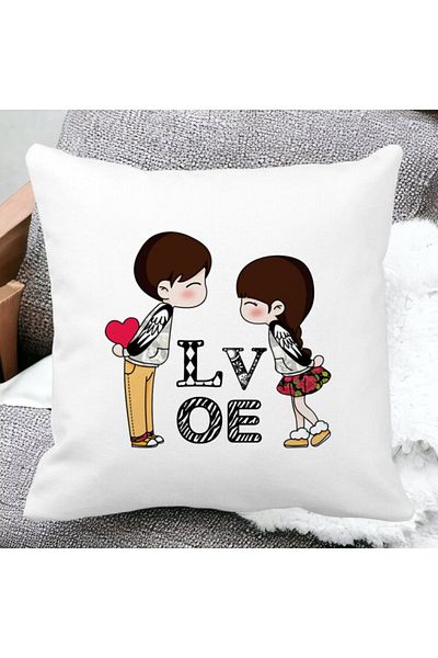 BEKZ Perna Decorativa Patrata Super Love, 40x40 cm, Alba, Mata, Husa Detasabila, Burduf