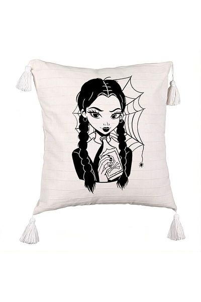 BEKZ Decorative Pillow with Fringes, Wednesday Addams 7 Model, 45x45 cm, Ecru, With zipper