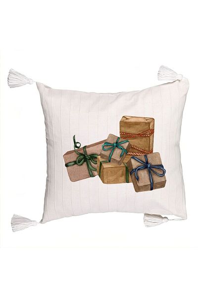 BEKZ Christmas themed fringed pillowcase, Gifts, 45x45 cm, Ecru, With zipper