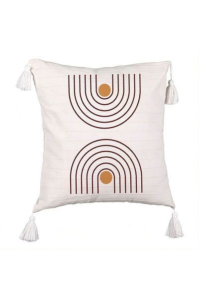 BEKZ Fringed Pillowcase, Abstract Lines Pattern, 45x45 cm, Ecru, With zipper
