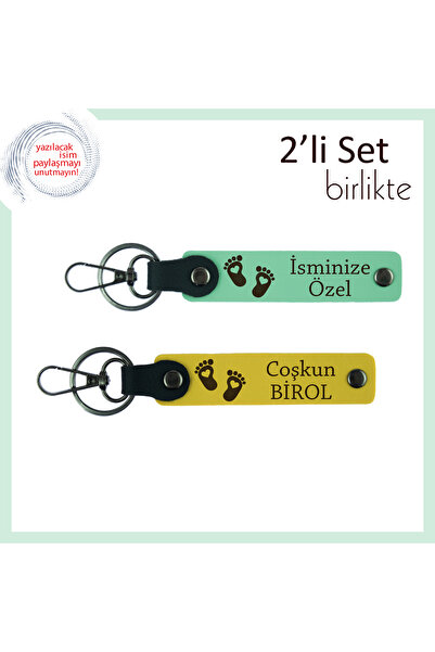 Miaju X2 Leather Keychain Set Personalizable with Baby's Name, Heart and Foot...