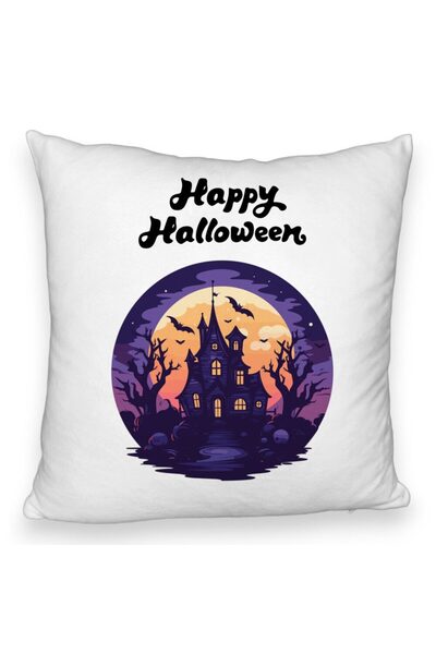 BEKZ Perna Decorativa Fluffy cu motiv de Halloween si Text, 40x40 cm, Alba, Husa Detasabila, Burduf