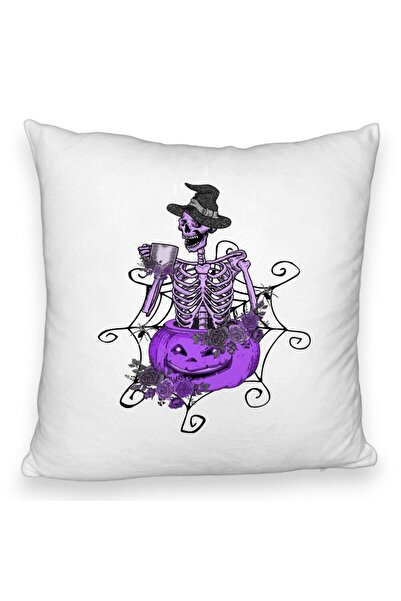 BEKZ Față de pernă pufoasă cu motiv de schelet de Halloween, 40x40 cm, albă