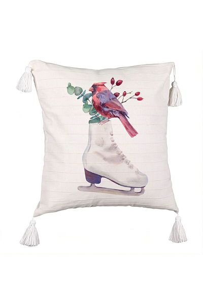 BEKZ Pillowcase with Christmas Fringes, Ice Skates and Colored Bird, 45x45 cm, Ecru, With zipper