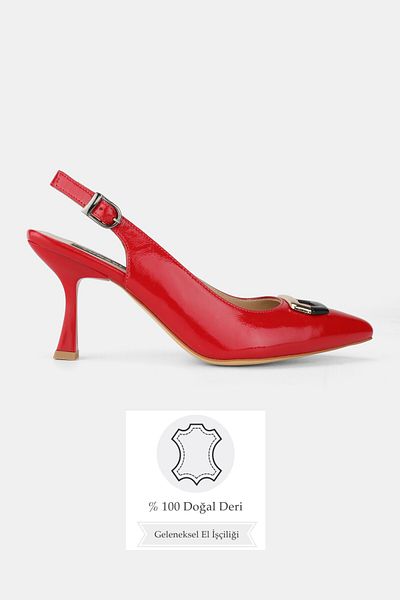 TUNAELLİ Women's Red Patent Leather Genuine Leather 34-35-41 Number Medium Heel Buckle Back Open Shoes