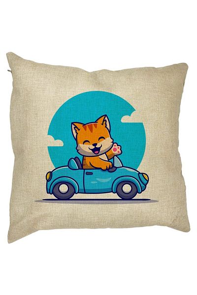 BEKZ Perna Decorativa Patrata Pisica cu Masina, 40x40 cm, Husa Detasabila, Burduf