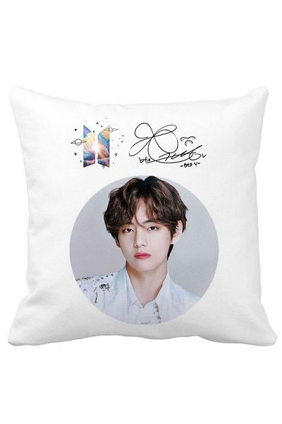 BEKZ BTS V Signature Decorative Pillow, 40x40 cm, White, Matte, Removable Cover, Bellows