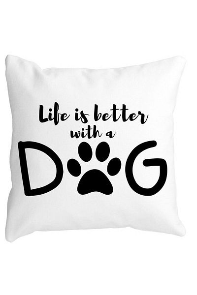 BEKZ Square Decorative Pillow Life is better with a Dog, 40x40 cm, White, Matt, Removable Cover, Bellows