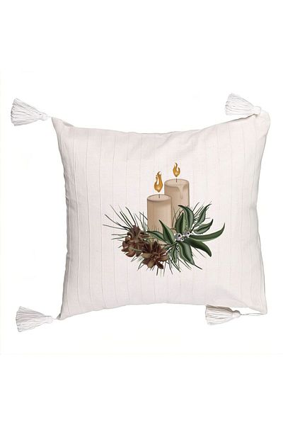 BEKZ Christmas themed Fringed Pillowcase, Candles, 8, 45x45 cm, Ecru, With zipper