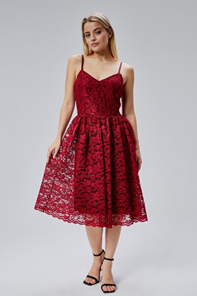 HELVEYS Kadın Dantelli V Yaka Fermuarlı Sırt detaylı Ayarlanılabilir Omuz Askılı Kısa Elbise HV06063134