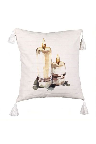 BEKZ Christmas Themed Fringed Decorative Pillow, Candles 1, 45x45 cm, Ecru, With zipper