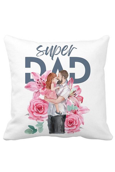 BEKZ Super DAD Girls Square Decorative Pillow, 40x40 cm, White, Matte, Removable Cover, Bellows